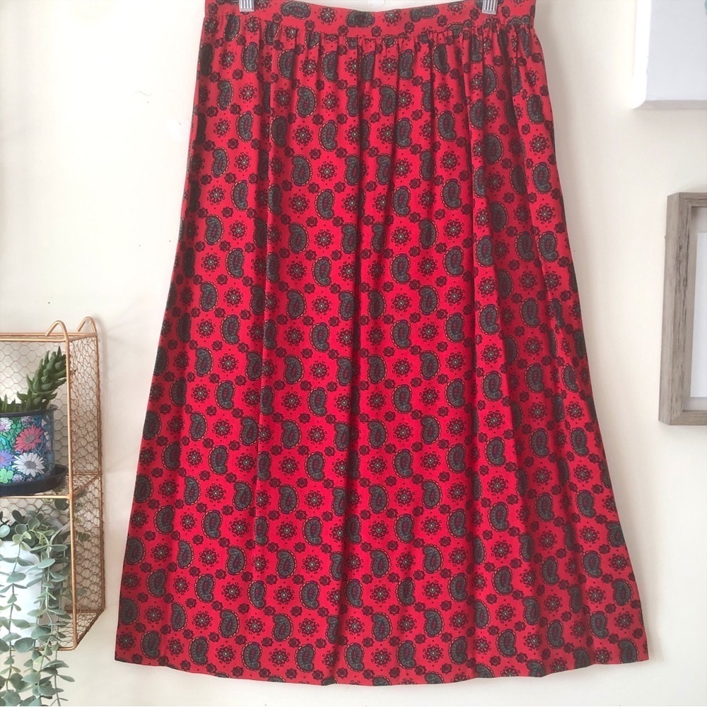 CP Sport Vtg 80s Red Green Paisley Print A-Line Midi Skirt Size 12 Made in USA